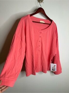 NWT Nation LA 100% Cotton Coral Henley Wide Sleeve Long Sleeve Top